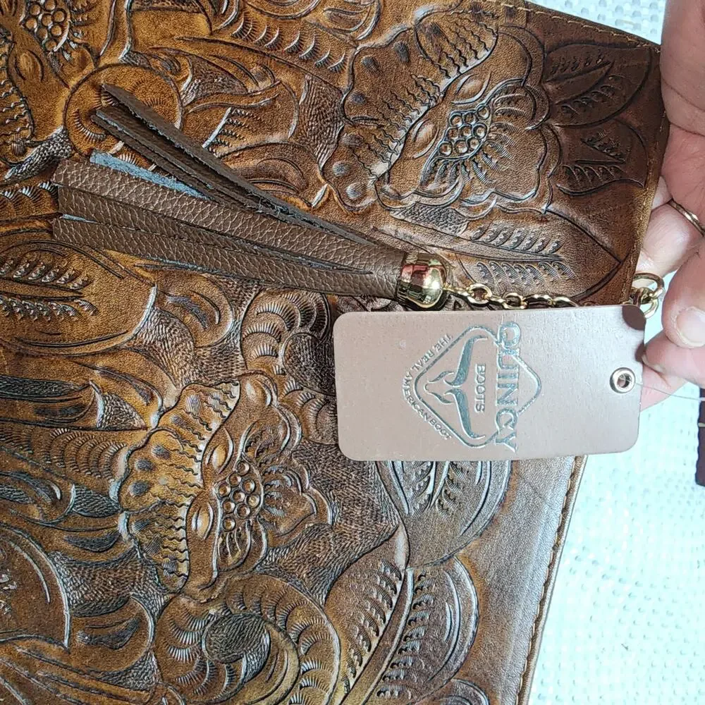QUINCY BOOTS NWT 100% GEN LEATHER TOOLED SATCHEL BAG
